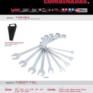 Juego de llaves combinadas pulido espejo extra largas mét, 12 puntas, 9 piezas en rack Urrea