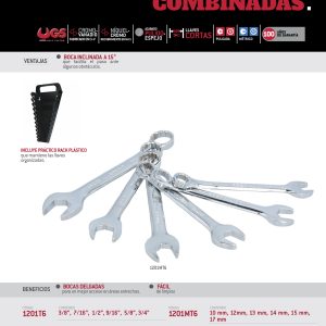 Juego de llaves combinadas cortas pulido espejo métricas, 12 puntas, 6 piezas en rack Urrea