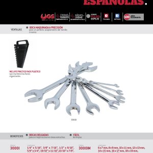 Juego de llaves españolas pulido espejo en pulgadas, 8 piezas en rack Urrea