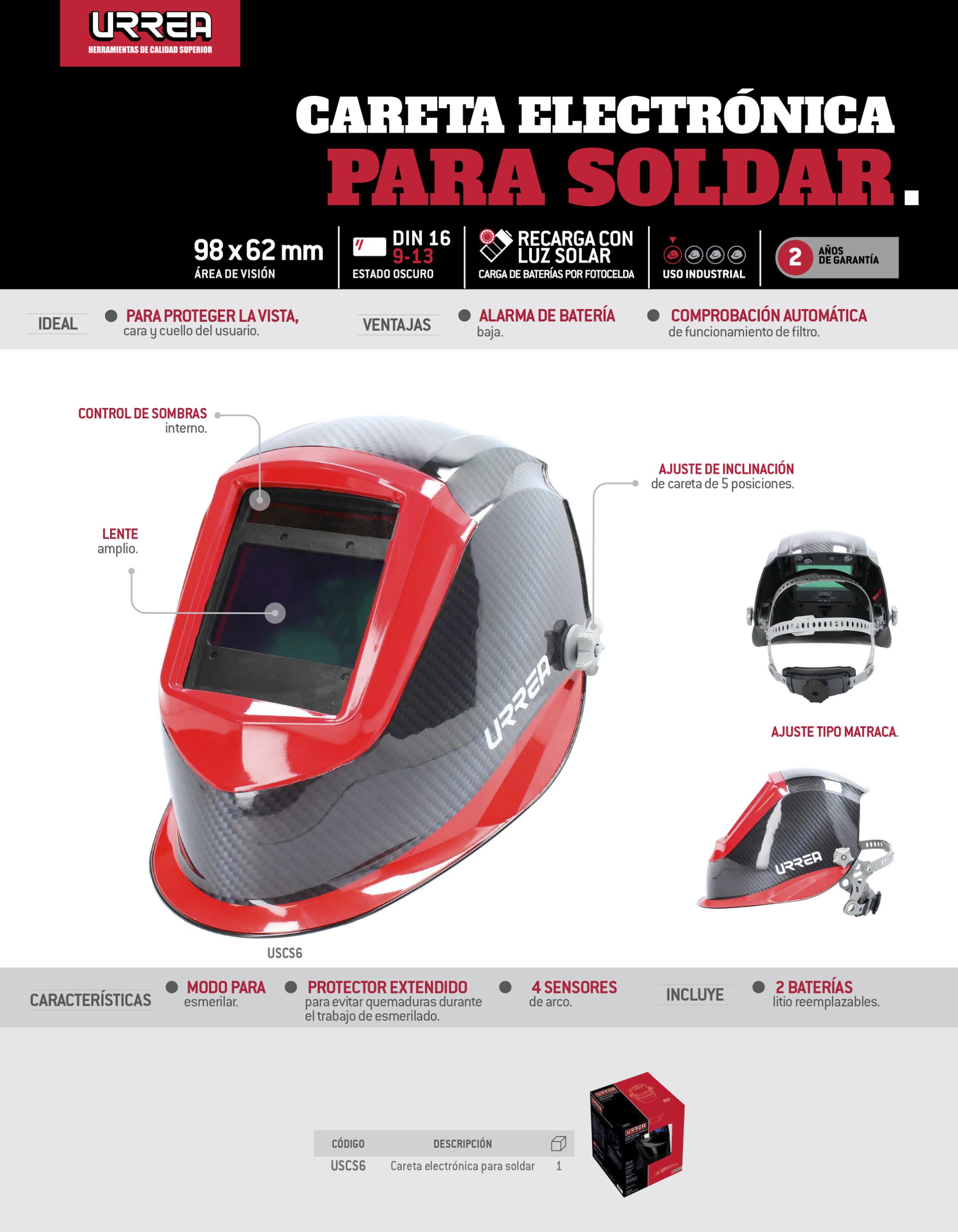 Careta eléctronica para soldar, lente amplio Urrea