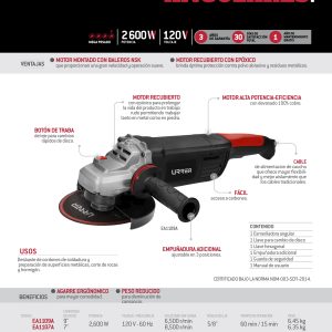 Esmeriladora angular 7" 2600 W 120 V, 8500 RPM Urrea