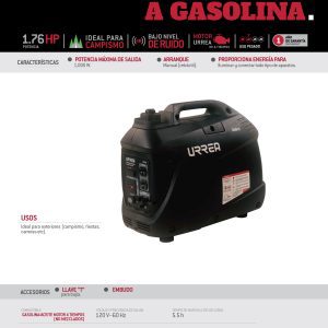 Generador a gasolina inverter 1000 W, 54 cc, voltaje de salida 120 V Urrea