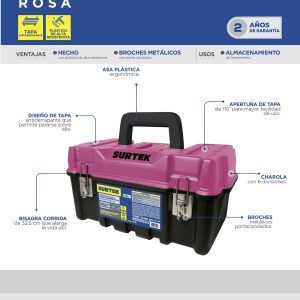 Caja portaherramientas plástica con broches metálicos color negro tapa rosa 17" x 9" x 8" Surtek