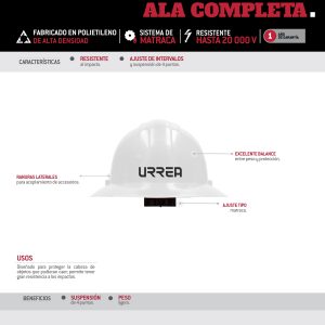 Casco de seguridad con ajuste de matraca ala completa de 4 puntos, color blanco Urrea