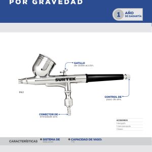 Aerógrafo profesional con alimentación por gravedad, capacidad 7 ml, 35 PSI, 3 piezas Surtek