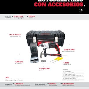 Juego de rotomartillo con accesorios 16 piezas, con caja plástica Urrea