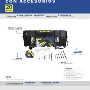 Juego combinado de herramienta con rotomartillo 1/2" 20 piezas, con caja plástica Surtek