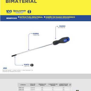 Destornillador con mango bimaterial, punta cabinet 3/16" x 6" Foy