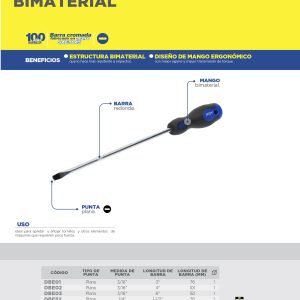 Destornillador con mango bimaterial, punta plana 5/16" x 6" Foy
