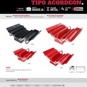 Caja portaherramientas metálica tipo acordeón roja 7" x 21" x 8" Urrea
