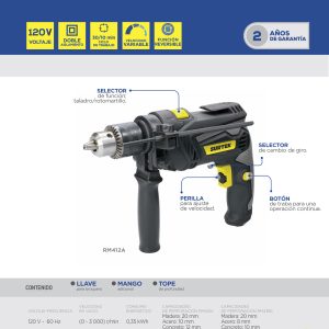 Rotomartillo 3/8" 500 W 120 V, 0 - 3 000 RPM con botón de traba para trabajos continuos Surtek