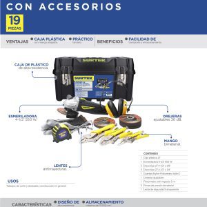 Juego combinado de herramienta con esmeriladora 19 piezas, con caja plástica Surtek