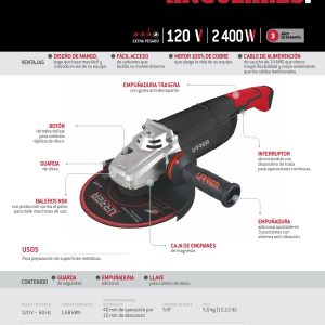 Esmeriladora angular 9" 2400 W 120 V, 6000 RPM Urrea