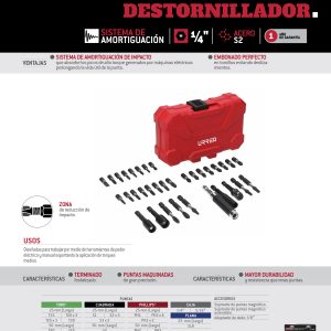 Juego de puntas y accesorios con sistema de amortiguación de impacto, 34 pz en estuche pls Urrea