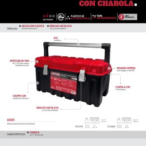 Caja portaherramientas plástica con broches metálicos color negro tapa roja 26" x 10" x 10 Urrea