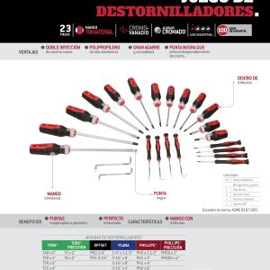 Juego de destornilladores con mango trimaterial y accesorios, 23 piezas en blíster Urrea