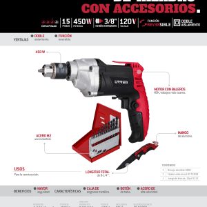 Juego de taladro con accesorios, 15 piezas Urrea