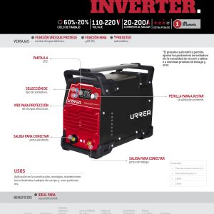 Soldadora inverter para electrodos de 1 fase 110 - 220 V, 200 A Urrea