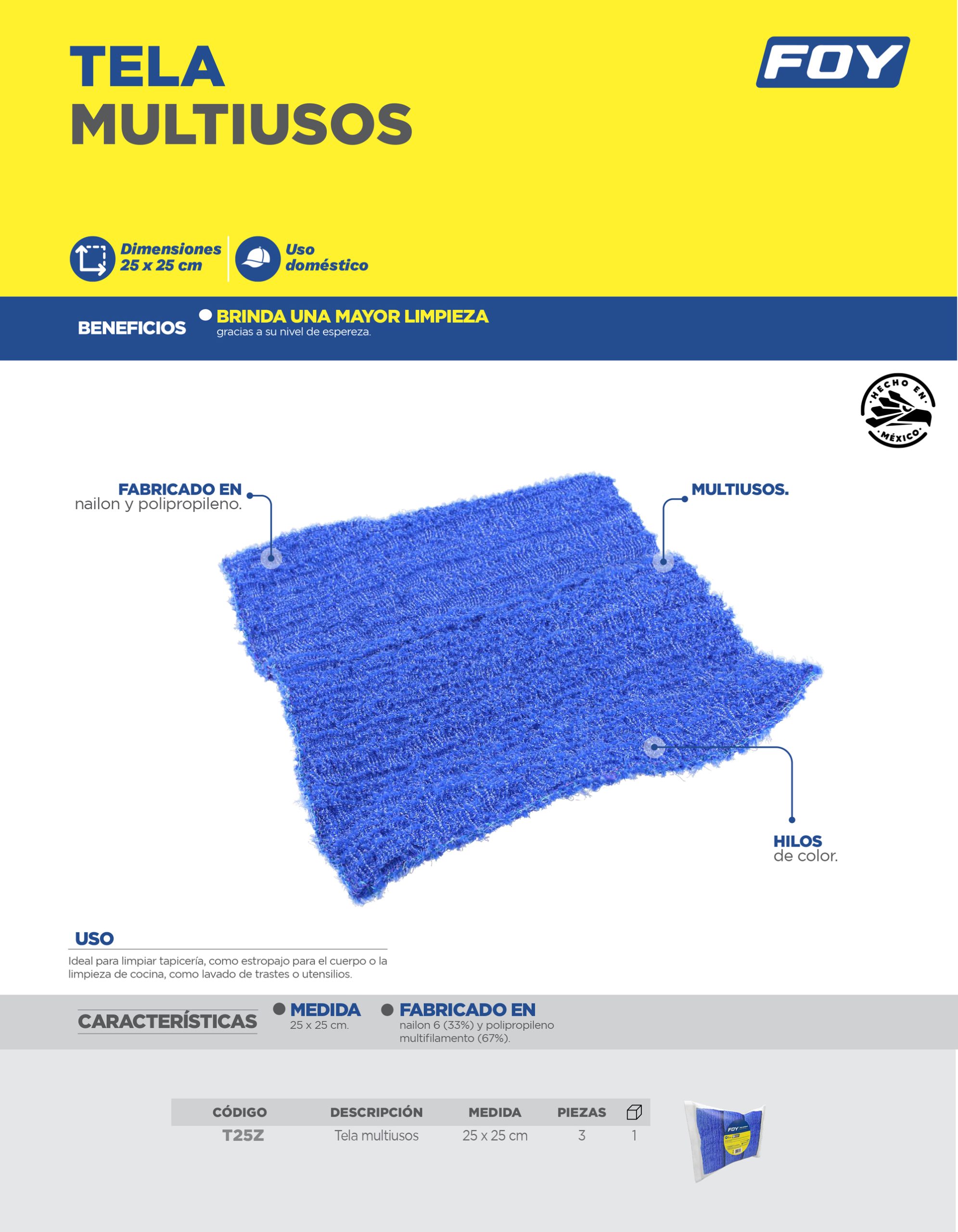 Tela multiusos de 25 x 25 cm azul, 3 piezas Foy