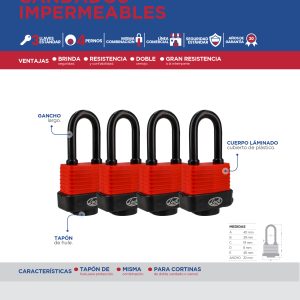 Juego de candados impermeables largos 40 mm, llave estándar, 4 piezas Lock