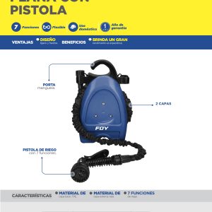 Manguera para jardín plana con pistola para riego y portamanguera 3/4", 15 m Foy