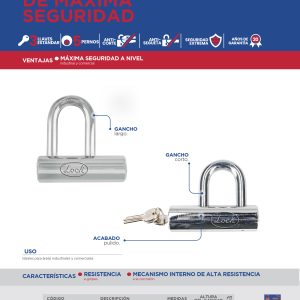 Candado de máxima seguridad tipo gancho largo 109 mm, llave estándar Lock
