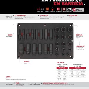 Juego de dados de impacto en pulgadas cuadro de 1/2" 29 piezas, CH241P-C Urrea