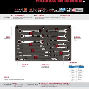 Juego de llaves combinadas pulido espejo de matraca métricas 15 piezas, CH256P-C Urrea