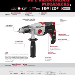 Rotomartillo 1/2" 850 W 120 V, 2 velocidades 1100 y 2800 RPM Urrea