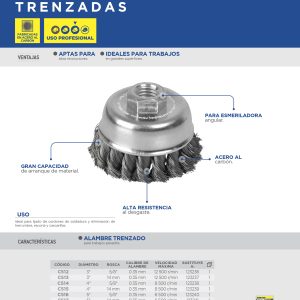 Carda copa trenzada alambre delgado 3" x 0.35 mm con rosca 5/8" Surtek