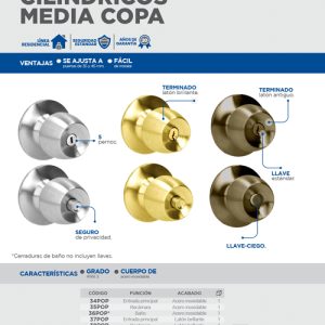 Pomo cilíndrico media copa función recámara, acero inoxidable, llave estándar, blíster Prolok