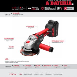 Esmeriladora angular inalámbrica  4-1/2" - 5" a batería Litio-ion 18 V Urrea
