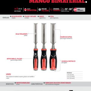 Juego de formones para madera con mango bimaterial 1/4", 1/2" y 3/4", 3 piezas Urrea