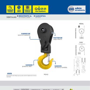 Polea con gancho para cable 3/4", 8 ton Surtek
