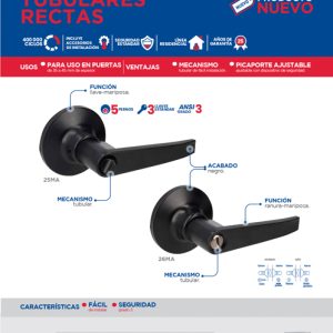 Manija tubular recta función baño, negra, llave estándar, blíster Lock
