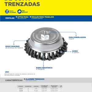 Carda copa trenzada alambre grueso 5" x 0.50 con rosca M14 Foy