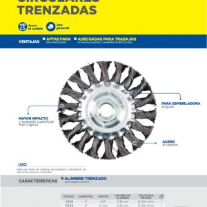 Carda circular trenzada alambre grueso 6" x 0.50 con rosca M14 Foy