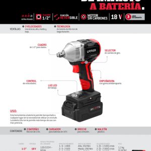 Pistola de impacto 1/2" a batería Litio-ion 18 V 350 Nm Urrea
