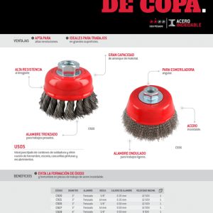 Carda copa ondulada alambre grueso de acero inoxidable 5" x 0.50 mm con rosca M14 Urrea