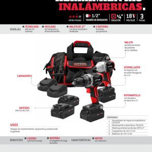 Juego de rotomartillo y atornillador de impacto a batería Li-ion 18 V, 3 piezas en maleta Urrea