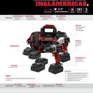 Juego de rotomartillo y pistola de impacto a batería Li-ion 18 V, 3 piezas en maleta Urrea