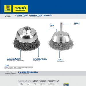 Carda copa ondulada alambre delgado acero inoxidable 7/8" x 0.30 mm con zanco 1/4" Surtek