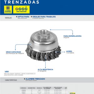 Carda copa trenzada alambre grueso de acero inoxidable 4" x 0.50 mm con rosca M14 Surtek
