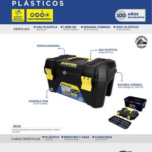 Caja portaherramientas plástica con broches plásticos y charola color negro 19" x 10" Surtek