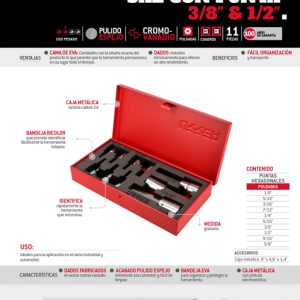 Juego de dados con punta hexagonal en pulgadas cuadro de 3/8" y 1/2", 11 piezas Urrea