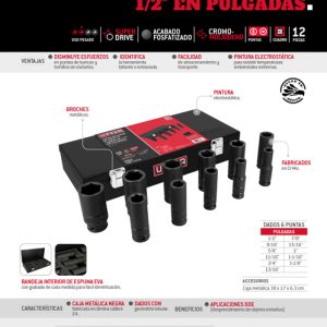 Juego de dados largos de impacto cuadro de 1/2", 6 puntas,  en pulgadas, 11 piezas Urrea
