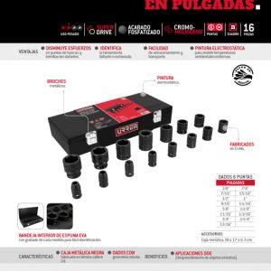 Juego de dados de impacto cuadro de 1/2", 6 puntas, en pulgadas, 15 piezas en caja Urrea