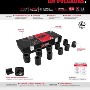 Juego de dados de impacto cuadro de 3/4", 6 puntas, en pulgadas, 10 piezas Urrea