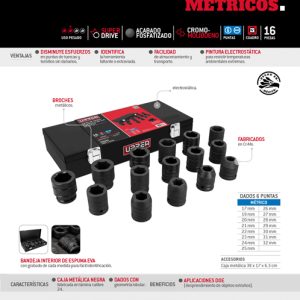 Juego de dados de impacto cuadro de 3/4", 6 puntas, métricos, 15 piezas Urrea