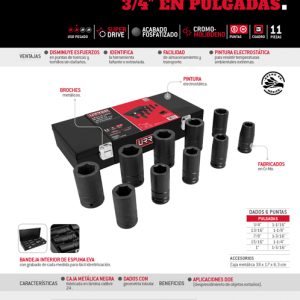 Juego de dados largos de impacto cuadro de 3/4", 6 puntas, en pulgadas, 10 piezas Urrea